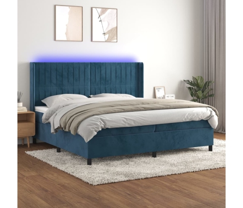 Cama box spring colchón y LED terciopelo azul oscuro 200x200 cm