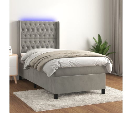 Cama box spring colchón y LED terciopelo gris claro 80x200 cm