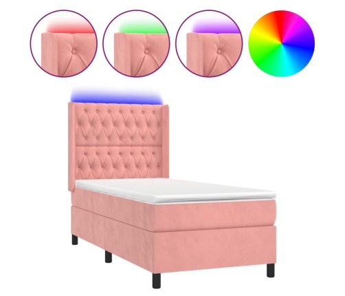 Cama box spring colchón y LED terciopelo rosa 80x200 cm