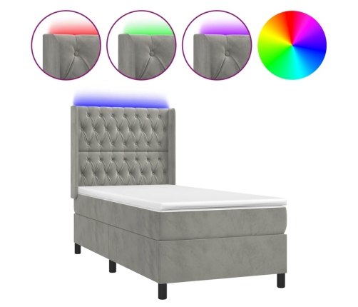 vidaXL Cama box spring colchón y LED terciopelo gris claro 90x190 cm