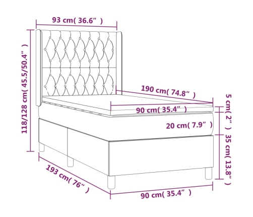 vidaXL Cama box spring colchón y LED terciopelo gris claro 90x190 cm