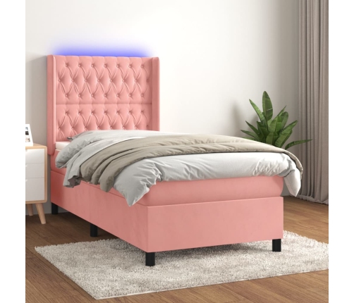 vidaXL Cama box spring colchón y LED terciopelo rosa 90x190 cm