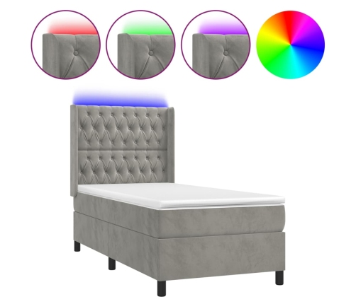 Cama box spring colchón y LED terciopelo gris claro 90x200 cm