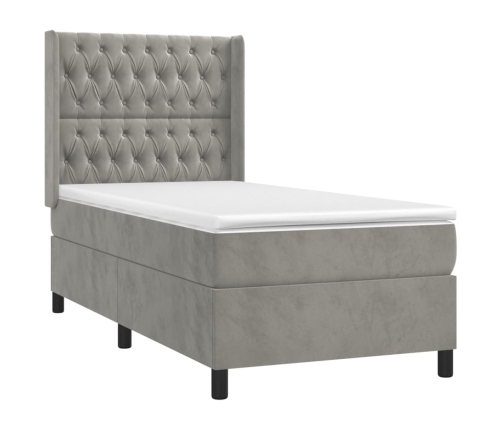 Cama box spring colchón y LED terciopelo gris claro 90x200 cm