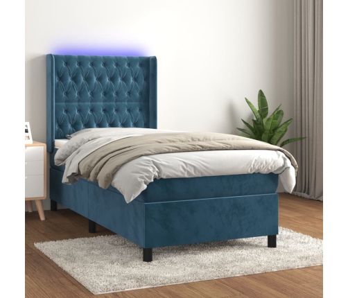 Cama box spring colchón y LED terciopelo azul oscuro 100x200 cm