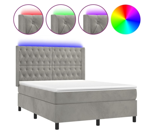 Cama box spring colchón y LED terciopelo gris claro 140x190 cm