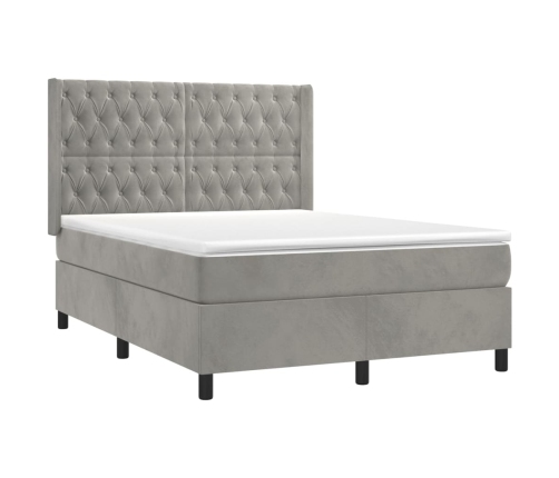 Cama box spring colchón y LED terciopelo gris claro 140x190 cm