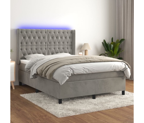 Cama box spring colchón y LED terciopelo gris claro 140x190 cm