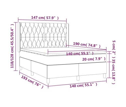 Cama box spring colchón y LED terciopelo gris oscuro 140x190 cm