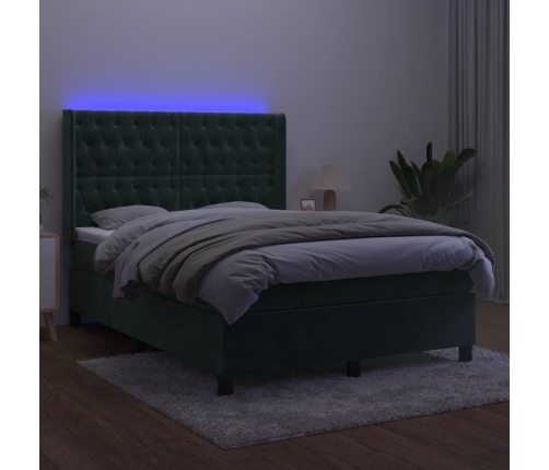 Cama box spring colchón y LED terciopelo verde oscuro 140x190cm