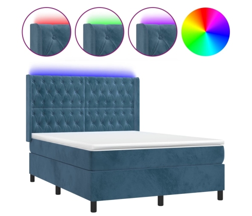 Cama box spring colchón y LED terciopelo azul oscuro 140x190 cm