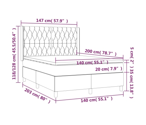 vidaXL Cama box spring colchón y LED terciopelo verde oscuro 140x200cm