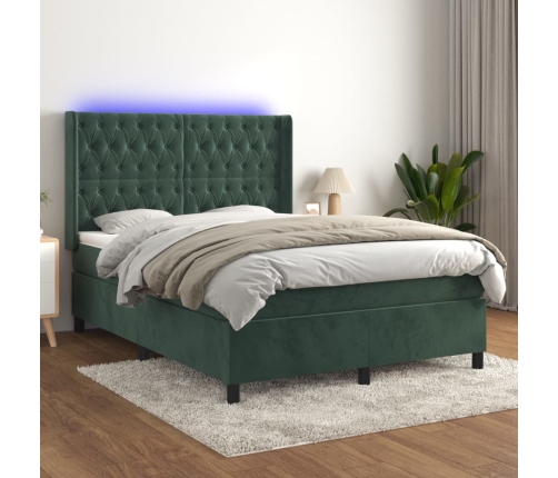 vidaXL Cama box spring colchón y LED terciopelo verde oscuro 140x200cm