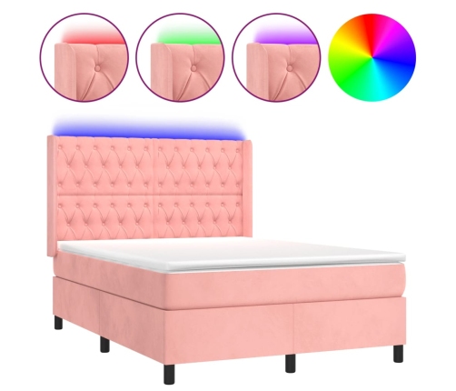 Cama box spring colchón y LED terciopelo rosa 140x200 cm