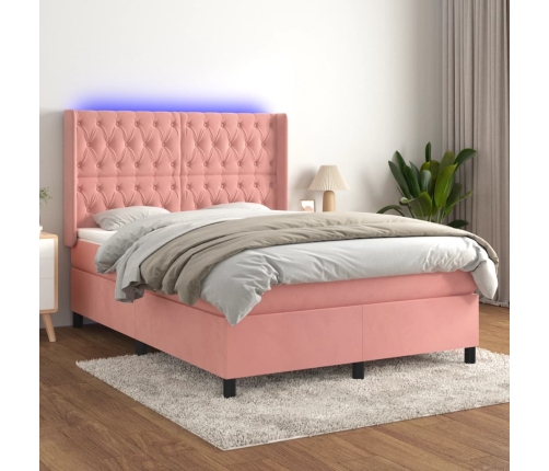 Cama box spring colchón y LED terciopelo rosa 140x200 cm