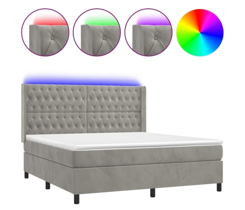 Cama box spring colchón y LED terciopelo gris claro 160x200 cm