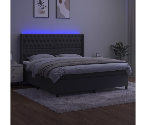 Cama box spring colchón y LED terciopelo gris oscuro 160x200 cm