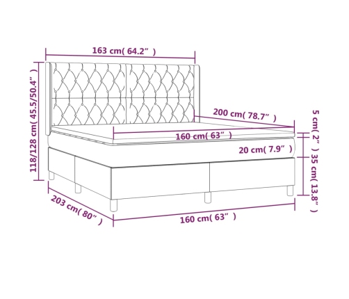 Cama box spring colchón y LED terciopelo verde oscuro 160x200cm