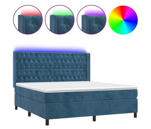 vidaXL Cama box spring colchón y LED terciopelo azul oscuro 160x200 cm