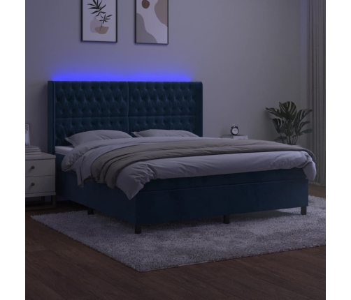 vidaXL Cama box spring colchón y LED terciopelo azul oscuro 160x200 cm