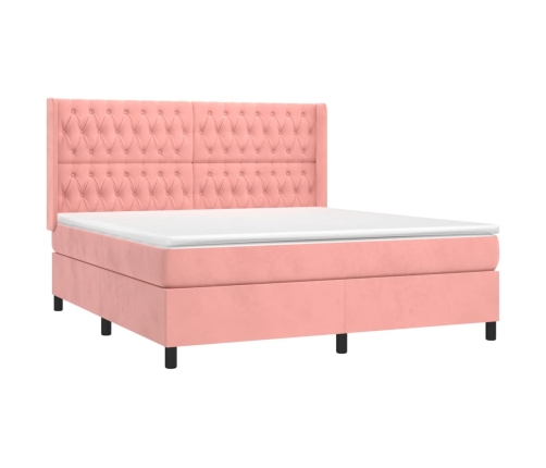 Cama box spring colchón y LED terciopelo rosa 160x200 cm