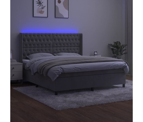 vidaXL Cama box spring colchón y LED terciopelo gris claro 180x200 cm