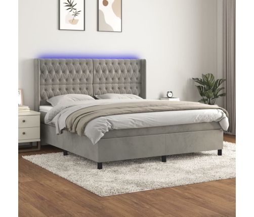 Cama box spring colchón y LED terciopelo gris claro 180x200 cm