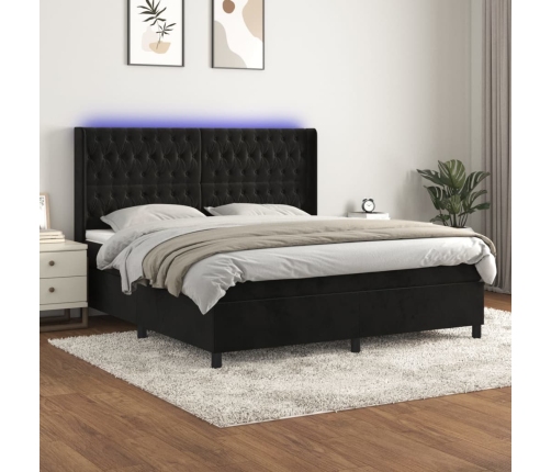 Cama box spring colchón y LED terciopelo negro 180x200 cm