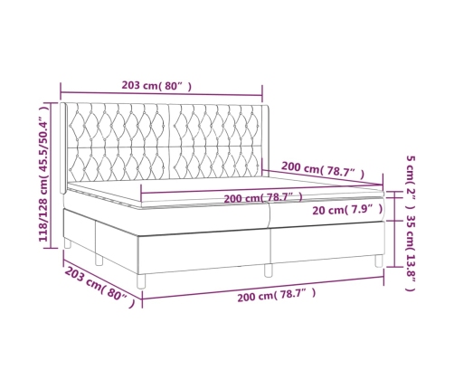 Cama box spring colchón y LED terciopelo gris claro 200x200 cm