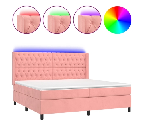 Cama box spring colchón y LED terciopelo rosa 200x200 cm