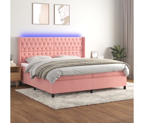 Cama box spring colchón y LED terciopelo rosa 200x200 cm