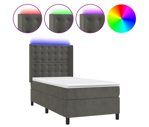 vidaXL Cama box spring colchón y LED terciopelo gris oscuro 90x190 cm