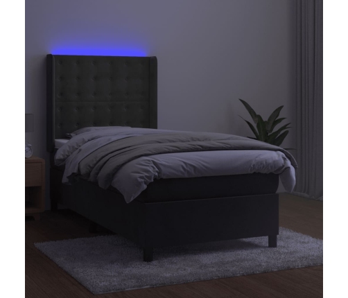 Cama box spring colchón y LED terciopelo gris oscuro 90x200 cm
