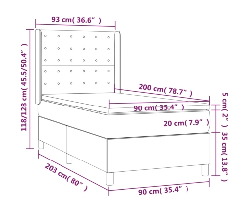 Cama box spring colchón y LED terciopelo verde oscuro 90x200 cm