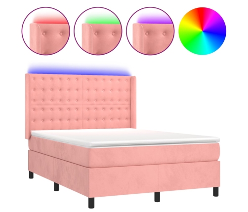 Cama box spring colchón y LED terciopelo rosa 140x190 cm