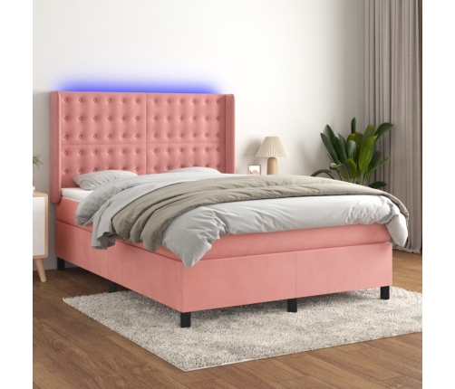 Cama box spring colchón y LED terciopelo rosa 140x190 cm