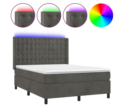 Cama box spring colchón y LED terciopelo gris oscuro 140x200 cm