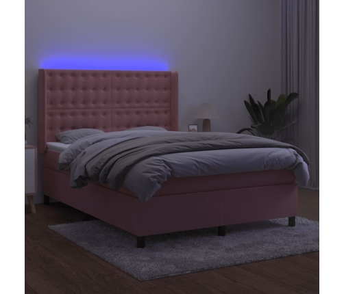 Cama box spring colchón y LED terciopelo rosa 140x200 cm