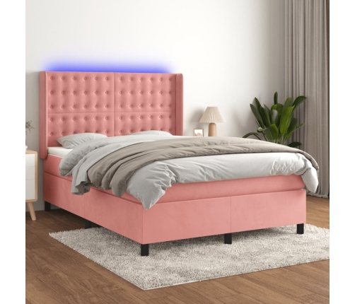 Cama box spring colchón y LED terciopelo rosa 140x200 cm