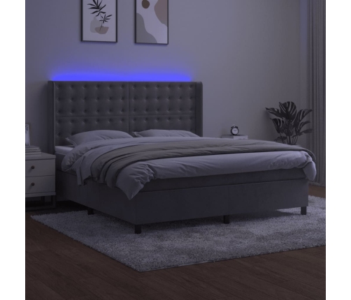 vidaXL Cama box spring colchón y LED terciopelo gris claro 160x200 cm