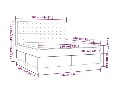 Cama box spring colchón y LED terciopelo gris oscuro 160x200 cm
