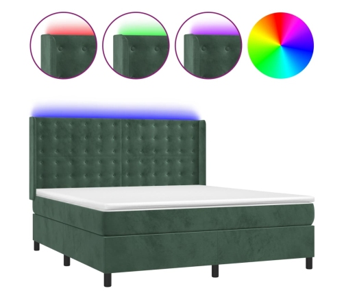 Cama box spring colchón y LED terciopelo verde oscuro 160x200cm