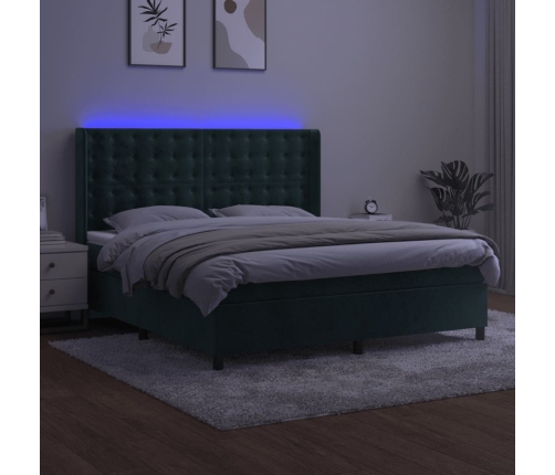 Cama box spring colchón y LED terciopelo verde oscuro 160x200cm