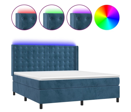 Cama box spring colchón y LED terciopelo azul oscuro 160x200 cm