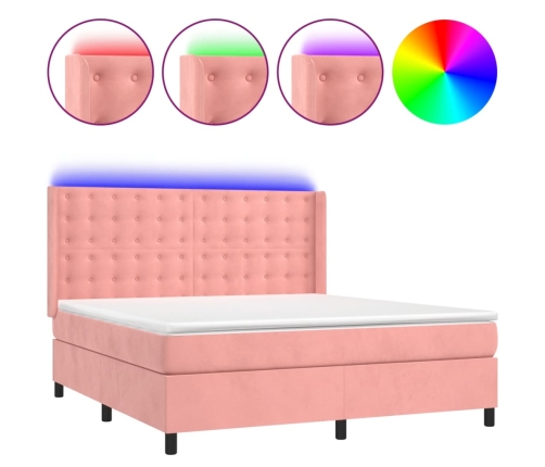 Cama box spring colchón y LED terciopelo rosa 160x200 cm