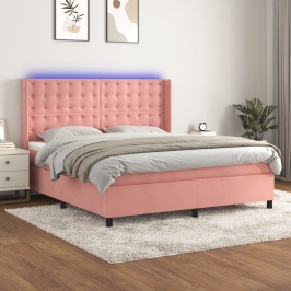 Cama box spring colchón y LED terciopelo rosa 160x200 cm