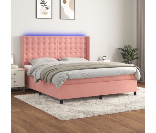 Cama box spring colchón y LED terciopelo rosa 160x200 cm