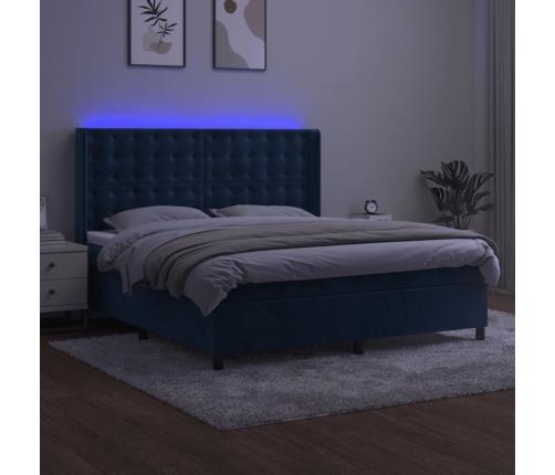 Cama box spring colchón y LED terciopelo azul oscuro 180x200 cm