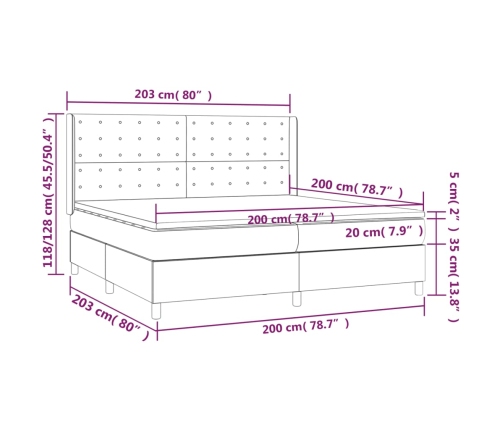 Cama box spring colchón y LED terciopelo negro 200x200 cm