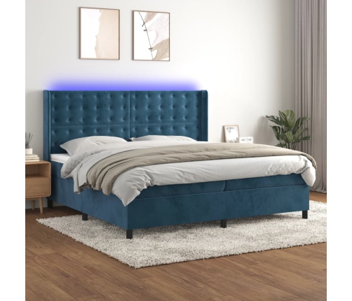 Cama box spring colchón y LED terciopelo azul oscuro 200x200 cm